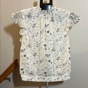 Express Cream Floral Smocked Neck Flutter Sleeve Blouse - Size Medium